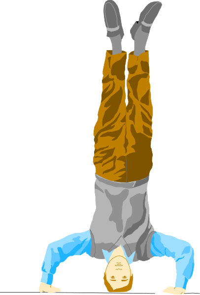 The illustration shows a person hanging upside down by their feet with hands above head against dark background; no text present in image.