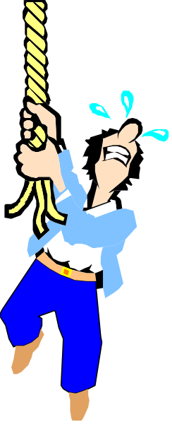 The cartoon shows a person hanging from a rope with water dripping off their head; it appears to be an animated image of someone in distress being rescued by another figure who is holding onto them firmly but also seems distressed, as indicated by sweat drops around both characters' heads and the expression on one character.