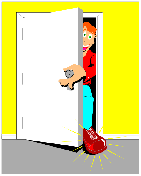 The illustration depicts a cartoon of an open door with someone peeking out from behind it holding up their hand in greeting while wearing red shoes on one foot.