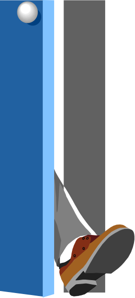 The image shows a cartoon of an animated character peeking out from behind what appears to be a blue wall with white trimming at its base; there is no text present in this small clip-art picture, and it seems like we're looking through a window or door frame into another room.