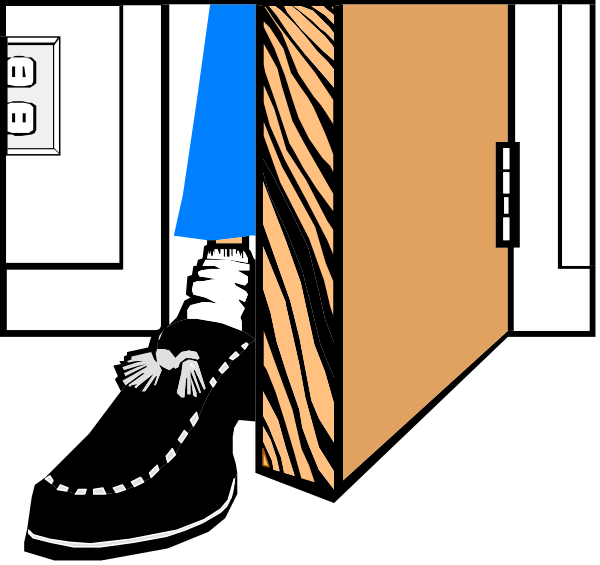 The image shows a cartoon of an open door with someone's feet visible inside wearing shoes that resemble sneakers but have laces tied in bows on top; there is no person above these shoe-like objects, and it appears to be set indoors near what looks like the edge of furniture.