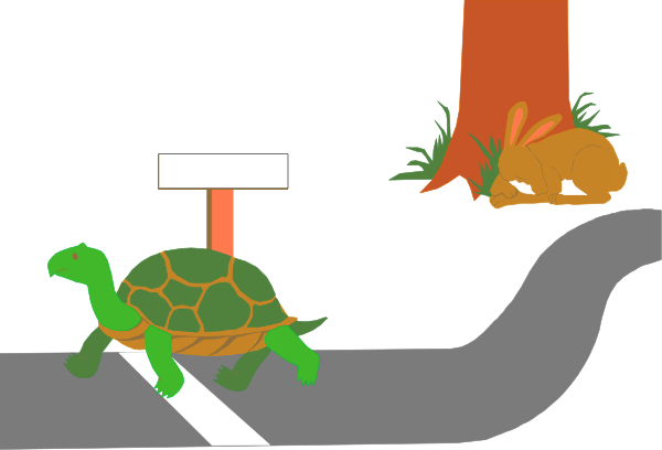 The image shows a cartoon of an animated turtle crossing a road at night with trees on either side; there is also a sign indicating that it's safe to cross here for pedestrians only, and in the background, two rabbits can be seen peeking out from behind some bushes.