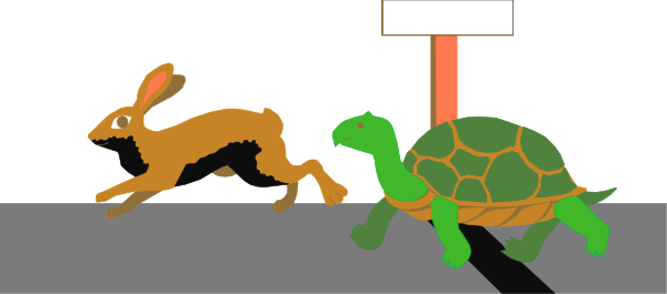 The image shows a cartoon of two turtles running on their hind legs with an animated rabbit chasing them from behind; there is no text present in this clip-art illustration.