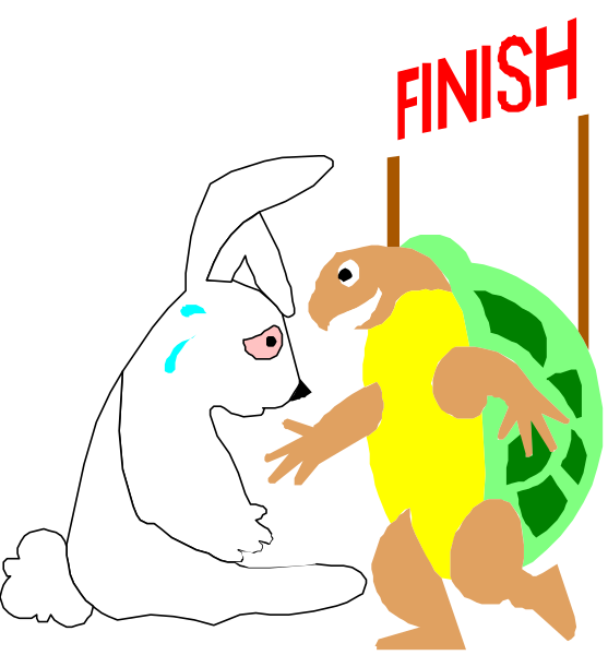 The image shows a cartoon of two anthropomorphic characters: an adult rabbit with turtle-like shell armor standing next to it is holding up its paw in greeting; beside them stands another character, who appears to be a white bunny wearing sunglasses and looking at the viewer. The scene takes place on what looks like a sidewalk or pathway where there's also an easel with signage that reads "FINISH" above it.