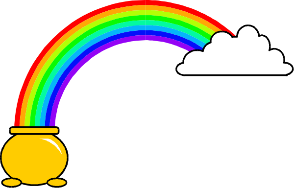 The image shows a rainbow with two pots at either end; it's set against a dark background that resembles night sky.