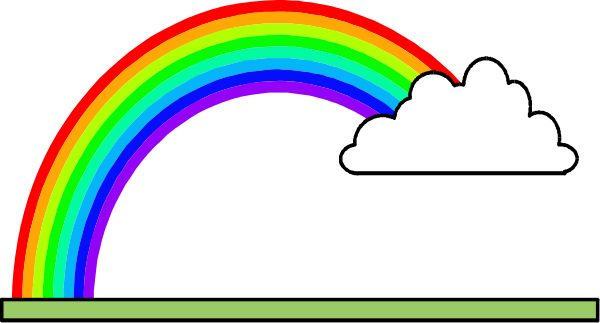 The image shows a rainbow with two white clouds on either side of it against an overcast sky background.