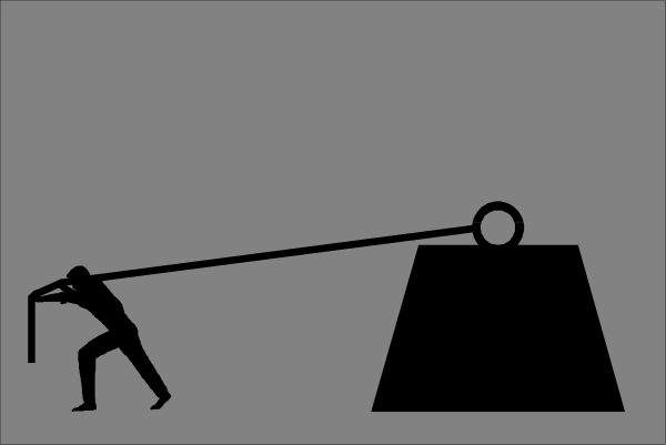 The black and white silhouette of a person pulling an object uphill with effort while another figure watches from above on what appears to be stairs in front of them.