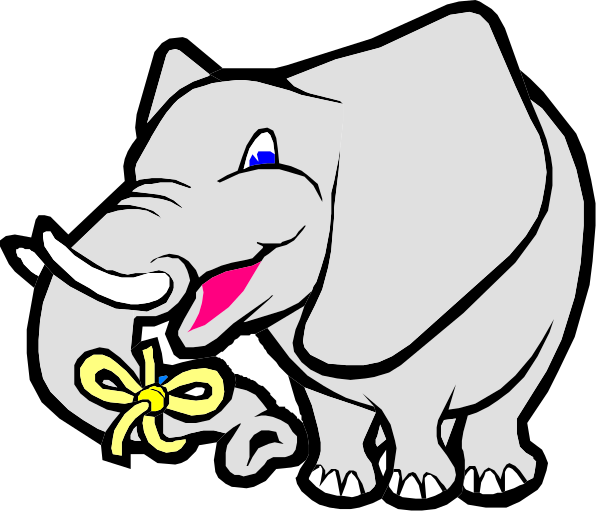 The image shows a cartoon elephant with an exaggerated smile holding what appears to be a yellow ribbon between its trunks while standing on two legs in front of another smaller elephant that is also smiling, both set against a black background.