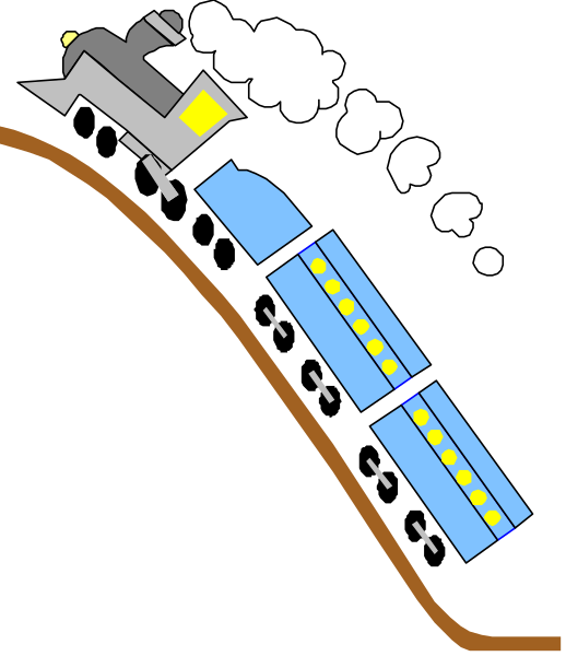 The image shows a black and white cartoon of an old train with three cars on tracks that curve to the right at nighttime.