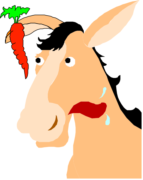 The cartoon shows a horse with an exaggeratedly large carrot on its head, looking surprised as it stands against a plain background.