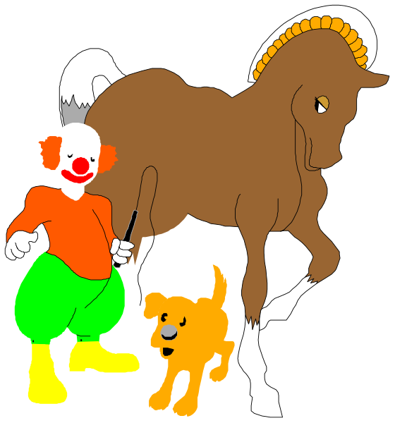The image features a cartoon of an animated clown standing next to his horse with its tongue sticking out at him; there's also a dog sitting on top of the horse looking upwards towards it.