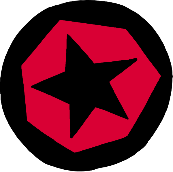 The image shows a black circle with two red stars inside it on either side of an emblem that resembles a shield-like design in white within another larger star shape also colored in red.