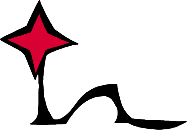 The image shows a logo with stylized text that reads "LA" above an abstract design resembling a star-like shape in red on top of what appears to be two lines forming a heart symbol, all set against a white background.