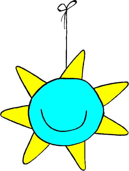 The image shows a blue balloon with two yellow suns on it hanging from an unseen string against a white background.