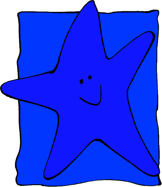The image shows a blue starfish with two eyes drawn on it against an aqua background that resembles water.