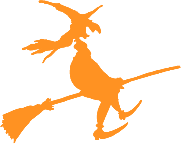 The image shows a white silhouette of an orange witch riding on top of a broomstick with wings spread out behind it against a black background.