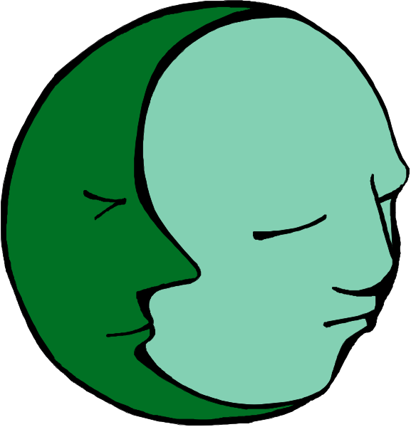 The image shows two cartoon faces with a moon between them; both characters have closed eyes and appear to be sleeping peacefully under it.