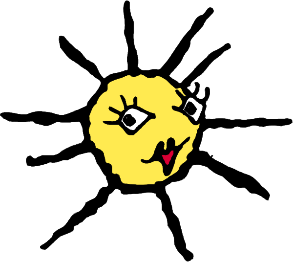 The image shows a simple line drawing of an animated sun with eyes and mouth drawn on it against a white background.