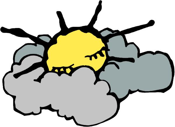The image shows a cartoon of two suns with faces peeking out from behind clouds against an overcast sky background.