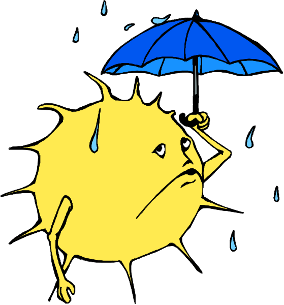 The cartoon depicts a yellow sun with human features holding an umbrella during rainfall.