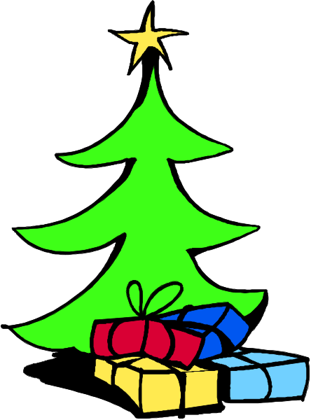 The picture shows a Christmas tree with presents at its base on top of which is an illustrated star; it's set against a plain background.