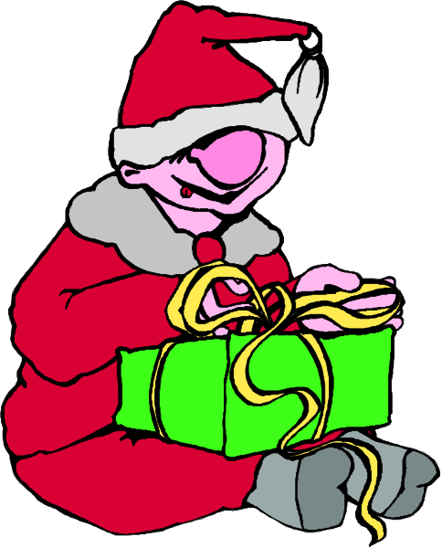 The illustration depicts a cartoon Santa Claus sitting on his lap with presents wrapped up next to him; he is holding one of these gifts in front of himself while wearing red clothing typical for Christmas attire, including boots and gloves.