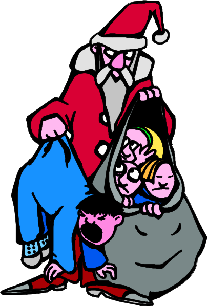 The illustration depicts a cartoon of Santa Claus with three children sitting on his lap; he is holding bags full of presents in each hand while standing next to an open sack that contains more gifts, and there's another bag hanging from it containing two additional figures who appear surprised or shocked.