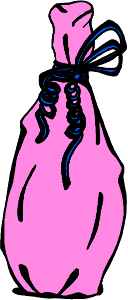 The image shows a pink bag with blue ribbon tied around it on top of what appears to be an envelope-like object in black ink against a white background.
