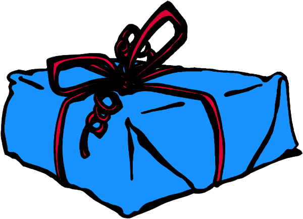 The image shows a blue gift bag with red ribbon tied on top of it placed against white background.