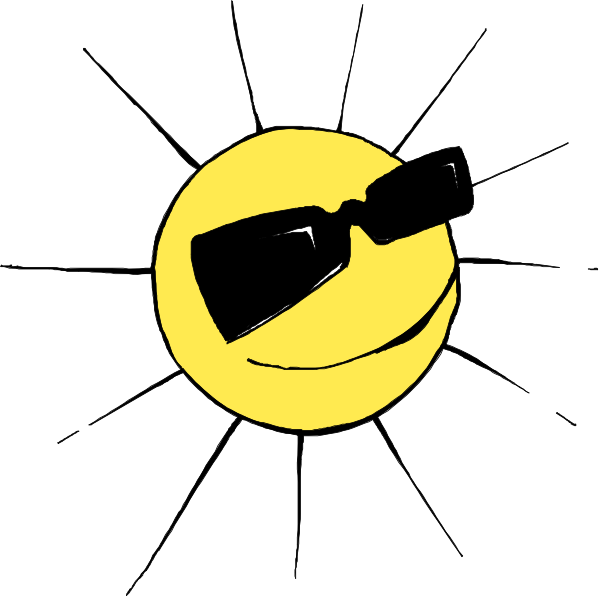 The image shows a sun with sunglasses on its face placed against an illustration of rays emanating from it in what appears to be either morning or evening light conditions.