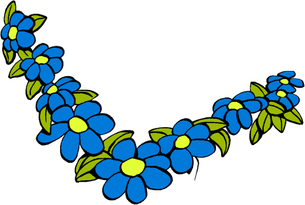 The image shows a simple illustration of blue flowers with green leaves arranged to form an arch shape against a white background.