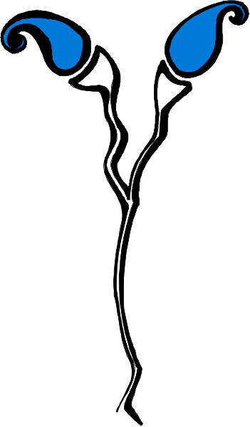 The image shows a stylized graphic of an ear with blue leaves on it against a white background.