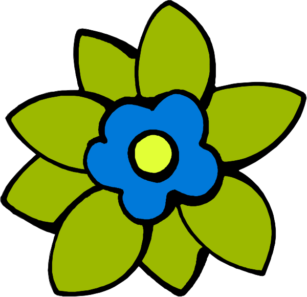 The image shows a stylized illustration of two flowers with blue petals and yellow centers against a white background.