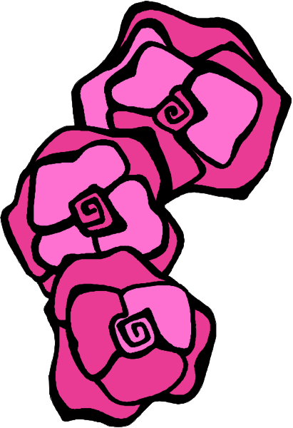 The image shows three pink flowers with a dark center on top of each other against a white background.