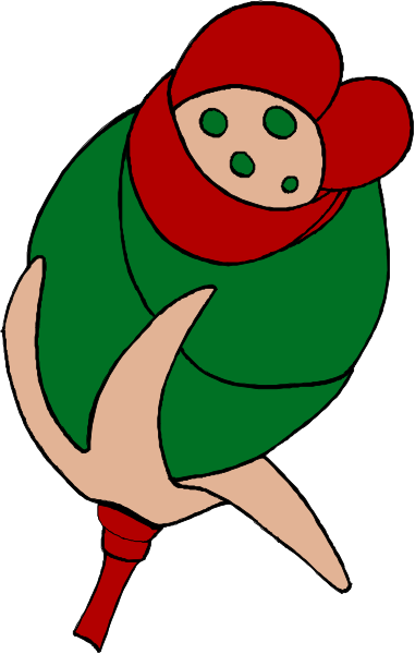The image shows a cartoon of an object that resembles a flower with red petals surrounding its center where there is what appears to be a small green plant growing in it.