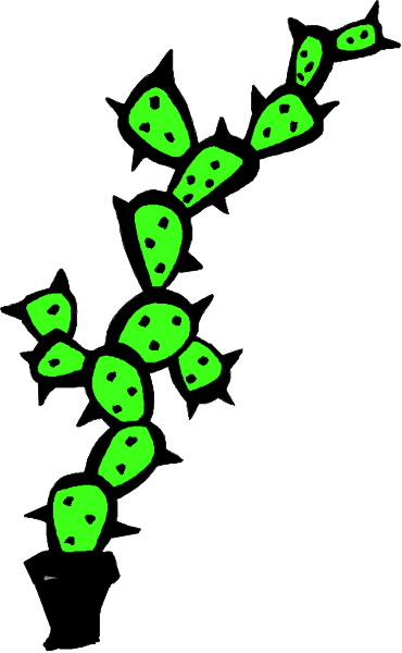 The image shows a cartoon cactus with spikes on its sides against a gray background.