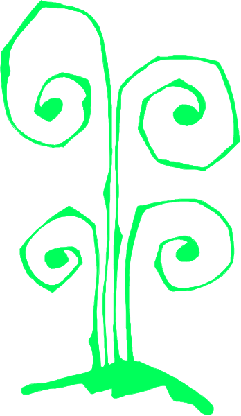 The image shows a black and white illustration of an abstract design resembling two swirls with three leaves on top forming a tree-like shape against a gray background.