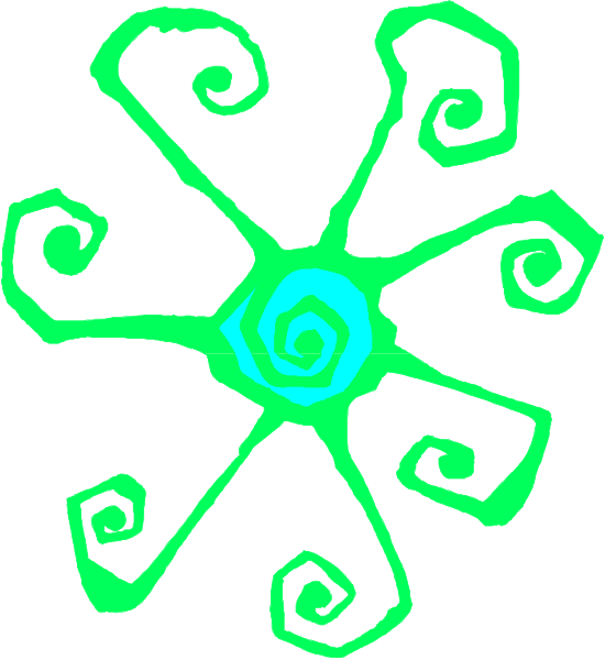 The image shows a stylized graphic of an abstract design with swirling patterns resembling vines around what appears to be a central flower-like shape in shades of green and blue on a white background, giving it a whimsical appearance without any specific objects or actions depicted within the clip art.