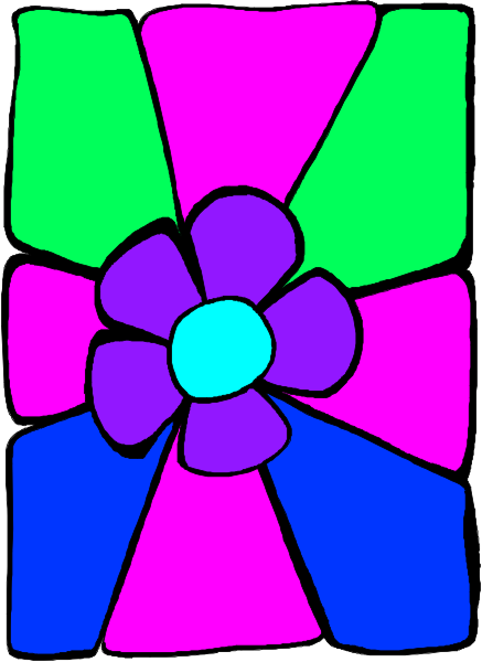 The image shows a colorful flower with purple petals at its center surrounded by blue, green, red, yellow, pink, orange, white, black, gray, brown, beige, cream colored segments that resemble an abstract starburst pattern around it on a light grey background.