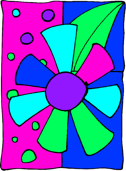 The image shows a colorful abstract design with geometric shapes resembling flowers on what appears to be paper.