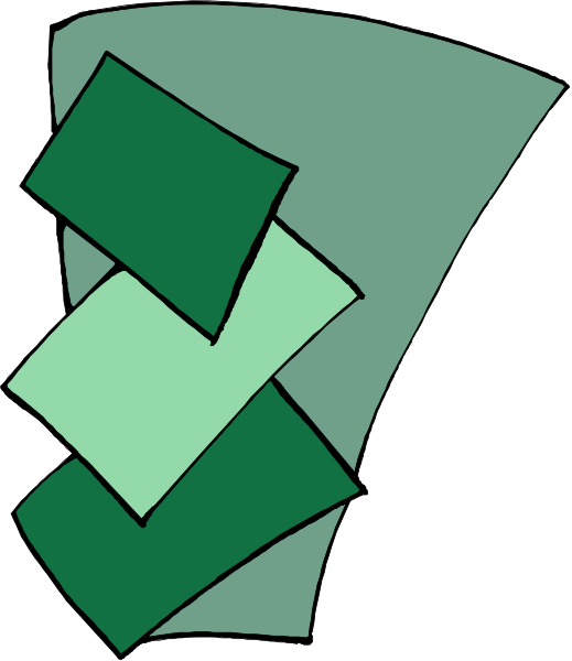 The image shows a stylized representation of an abstract design with geometric shapes that resemble folded paper or origami patterns in shades of green and brown on a white background.