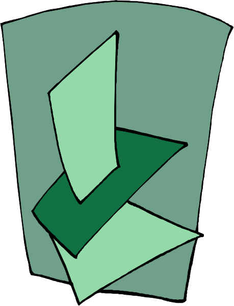 The image shows a stylized graphic of an abstract design resembling a green checkmark with two wings on either side against a light background.