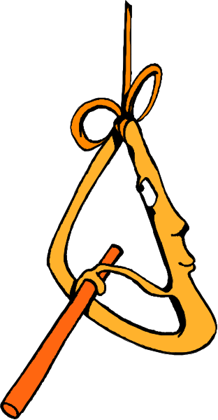 The image shows a pair of scissors with orange handles tied together by an elastic band at their tips against a white background.