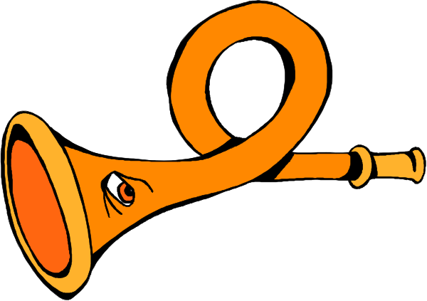 The image shows a cartoon of an orange trombone with two bell ends next to each other on what appears to be white background.