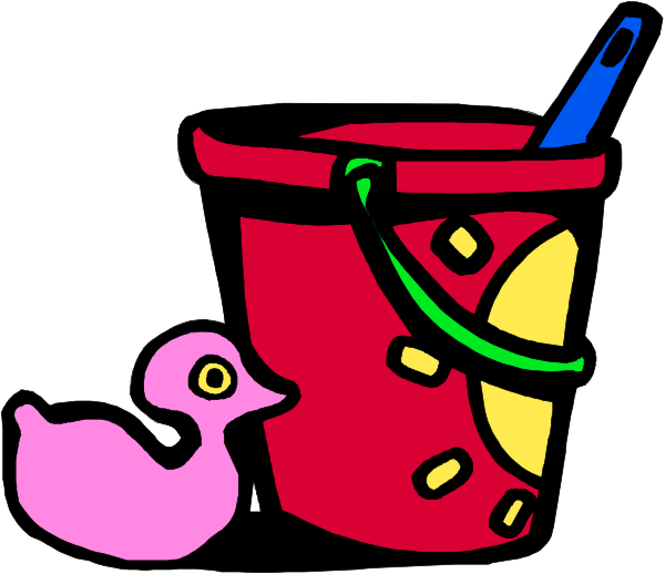 The illustration shows a red bucket with an ice cream scoop inside it on top of what appears to be a pink bird's head; there is also another small duck next to them both in front of the bucket, and behind all three items stands a white brick wall.