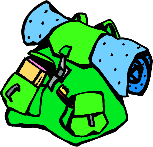 The illustration shows a green backpack with various compartments open to reveal items inside it against a white background.