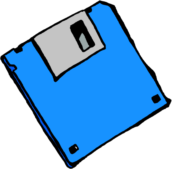 The image shows a blue floppy disk with its label facing upwards next to an actual computer hard drive of similar coloring in front of it against a white background.