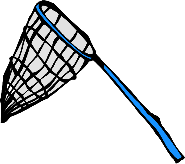 The image shows a black net with blue trim on top of it resting against an object that resembles a fishing pole to its right side; there is no visible text in this clip-art illustration.