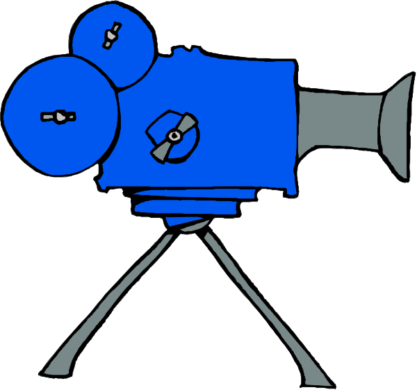 The image shows a blue projector with film reels on top of it placed next to an easel stand that has wheels for mobility.