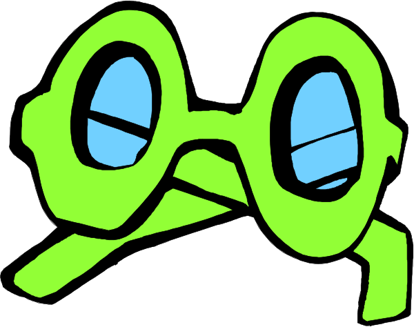 The image shows a cartoon of two green glasses with blue eyes on them placed next to each other against an unseen background.